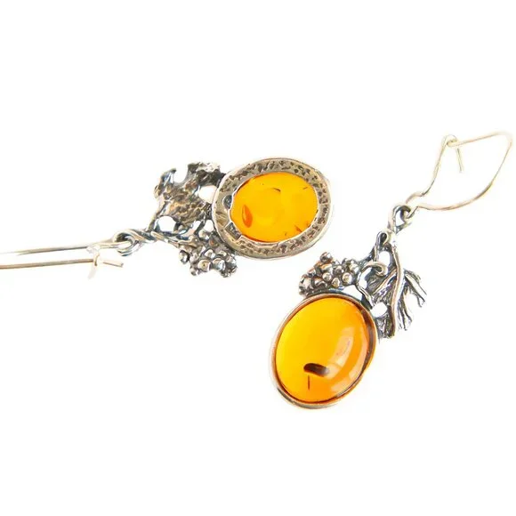 Baltic Amber Grape Leaf Dangle Earrings in s925 - Picture 4 of 6
